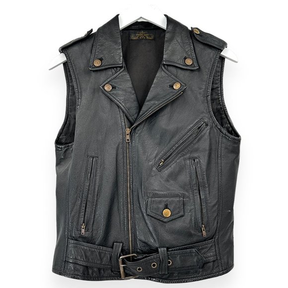 Vintage Jackets & Blazers - Vintage The Cast NYC Silk Lined Black Leather Vest Sleeveless Biker Jacket sz S